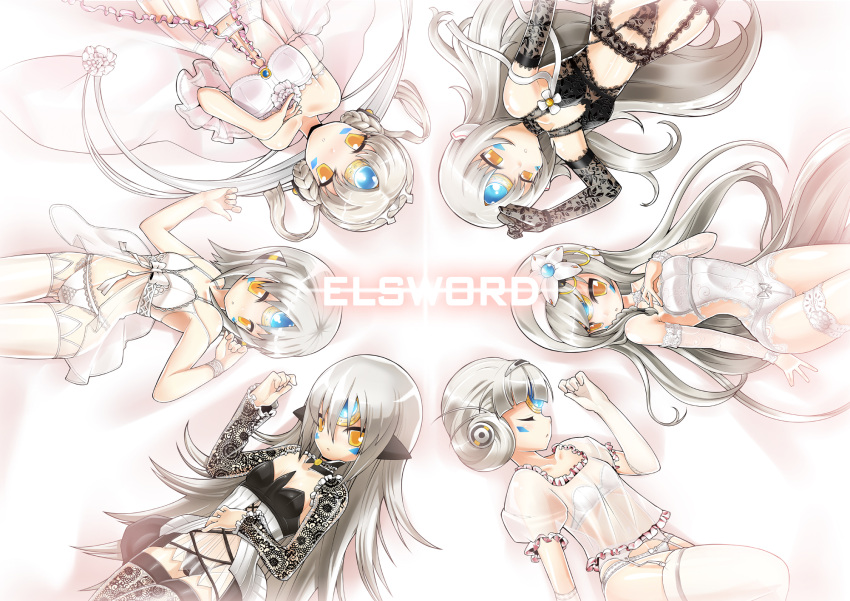 bad_id bad_pixiv_id bra camisole code:_architecture_(elsword) code:_electra_(elsword) code:_empress_(elsword) code:_exotic_(elsword) code:_nemesis_(elsword) copyright_name costume_chart elsword eve_(elsword) female gloves group_picture highres lingerie long_hair multiple_persona panties photoshop_(medium) poseich see-through short_hair underwear white_background white_bra white_hair white_panties white_theme yellow_eyes