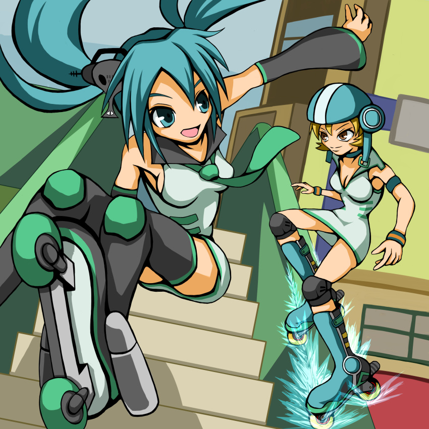 2girls absurdres blonde_haie blonde_hair blue_eyes blue_hair crossover gum_(jsr) hatsune_miku helmet highres in-line_skates inline_skates jet_set_radio jet_set_radio_future multiple_girls roller_blades roller_skates sega skates vocaloid yellow_eyes