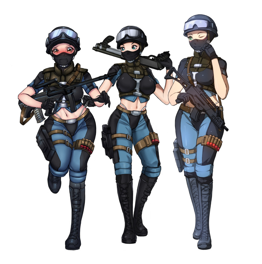 3girls absurdres blush boots bullet commentary cross-laced_footwear goggles green_eyes gun helmet highres knee_boots lace-up_boots mask mask_(joshiraku) multiple_girls navel original rifle scope tiwa weapon