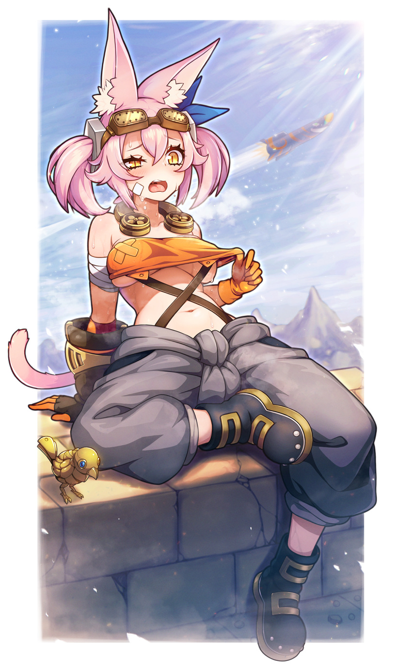 animal_ears bandeau blush breasts cat_ears duel_monster female ferret_ears ferret_girl gloves goggles goggles_on_head grey_jumpsuit hair_ornament highres jumpsuit jumpsuit_around_waist kitt_(yu-gi-oh!) long_hair medium_breasts navel open_mouth orange_bandeau pink_hair pink_tail poifuru sweat tail tri-brigade_kitt tri-brigade_mercourier twintails underboob yellow_eyes yu-gi-oh!