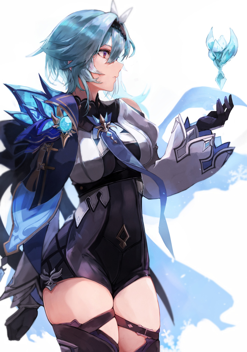 blue_hair blue_necktie bodystocking breasts cape cowboy_shot eula_(genshin_impact) female genshin_impact gloves hairband highres leotard long_sleeves looking_to_the_side medium_breasts necktie parted_lips skindentation solo takena-c thigh_strap thighhighs wide_sleeves