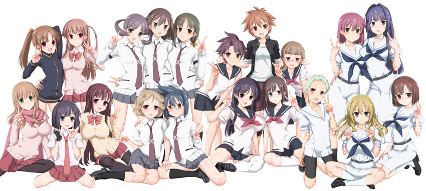 6+girls absurdres achiga_school_uniform arm_around_waist atarashi_ako belt bike_shorts black_belt black_footwear black_gloves black_hair black_jacket black_pantyhose black_sailor_collar black_shorts black_skirt black_socks black_thighhighs blonde_hair blouse blue_eyes blue_hair blue_jacket blue_panties blunt_bangs blunt_ends blush bob_cut bow brown_eyes brown_hair brown_shorts cardigan closed_mouth commentary curly_hair double_v dress dress_shirt eguchi_sera everyone ezaki_hitomi fingerless_gloves funakubo_hiroko gakuran gloves green_eyes green_hair grey_hair grey_sky hair_ornament hair_ribbon hairclip hanada_kirame hand_on_another's_ass hand_on_another's_knee highres hirose_sumire indian_style jacket kneeling leaning_forward loafers long_hair long_sleeves looking_at_viewer low_twintails matano_seiko matsumi_kuro matsumi_yuu medium_dress medium_hair messy_hair miniskirt miyanaga_teru multiple_girls neckerchief necktie nijou_izumi onjouji_toki oohoshi_awai open_clothes open_jacket open_mouth orange_ribbon panties pantyhose pantyshot pink_bow pink_cardigan pink_scarf pleated_skirt ponytail pose puffy_short_sleeves puffy_sleeves purple_eyes purple_hair red-framed_eyewear red_eyes red_skirt ribbon sagimori_arata sailor_collar sailor_dress saki_(manga) saki_achiga-hen scarf school_uniform semi-rimless_eyewear senriyama_school_uniform serafuku seushiki_(ponti-ron) shibuya_takami shimizudani_ryuuka shindouji_school_uniform shiraitodai_school_uniform shirouzu_mairu shirt shoes short_dress short_hair short_sleeves shorts siblings side-by-side simple_background single_glove sisters sitting skirt sky sleeves_rolled_up smile socks standing straight_hair takakamo_shizuno thighhighs tomboy track_jacket tsuruta_himeko twintails two_side_up under-rim_eyewear underwear v very_long_hair wariza white_background white_cardigan white_dress white_legwear white_sailor_collar white_shirt wing_collar wristband yasukouchi_yoshiko yellow_cardigan yokozuwari