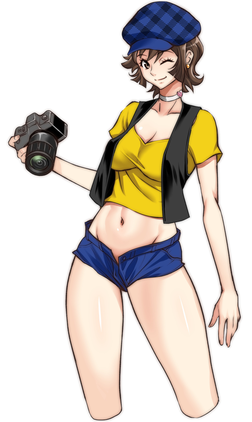 ;) beret blue_hat breasts brown_eyes brown_hair camera choker cleavage closed_mouth collarbone cropped_legs cutie_honey earrings female flash_honey hat highres holding holding_camera itachou jewelry large_breasts looking_at_viewer midriff navel one_eye_closed shirt short_hair short_shorts short_sleeves shorts simple_background smile solo standing vest white_background