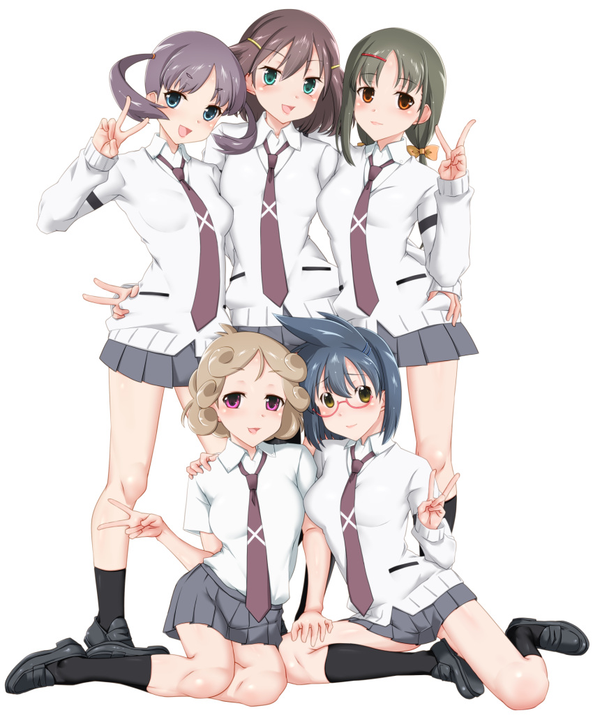 5girls arm_around_waist black_footwear black_legwear blonde_hair blue_eyes blue_hair blush brown_hair cardigan closed_mouth commentary curly_hair dress_shirt ezaki_hitomi green_eyes grey_hair grey_sky hair_ornament hair_ribbon hairclip hanada_kirame hand_on_another's_ass hand_on_another's_knee highres loafers long_hair long_sleeves looking_at_viewer low_twintails medium_hair messy_hair miniskirt multiple_girls necktie open_mouth orange_ribbon pleated_skirt pose purple_eyes red-framed_eyewear red_eyes ribbon saki_(manga) saki_achiga-hen school_uniform semi-rimless_eyewear seushiki_(ponti-ron) shindouji_school_uniform shirouzu_mairu shirt shoes short_hair short_sleeves side-by-side simple_background sitting skirt sky smile socks standing tsuruta_himeko twintails under-rim_eyewear v white_background white_cardigan white_shirt wing_collar yasukouchi_yoshiko yokozuwari