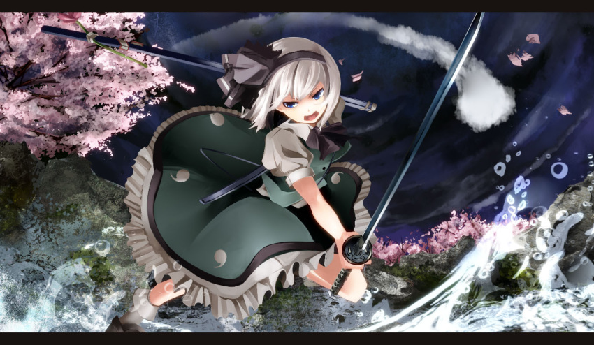 angry black_ribbon blue_eyes cherry_blossoms circle_skirt commentary_request female flower frilled_skirt frills green_skirt green_vest hair_ribbon hairband holding holding_sword holding_weapon katana konpaku_youmu konpaku_youmu_(ghost) letterboxed moss neck_ribbon open_mouth petals photoshop_(medium) puffy_short_sleeves puffy_sleeves ribbon rock scabbard sheath shinoji_(shin_status) short_hair short_sleeves skirt skirt_flip solo splashing sword touhou vest waves weapon white_hair