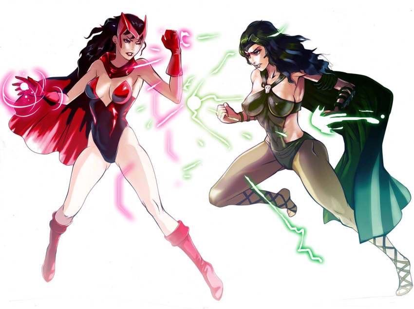 2girls animification boots breasts brown_eyes brown_hair cape commentary covered_nipples english_commentary green_eyes green_hair helmet leotard long_hair lorna_dane magic marvel medium_breasts mikazuki_shigure multiple_girls pantyhose photoshop_(medium) polaris_(x-men) red_leotard scarlet_witch siblings sisters spandex wanda_maximoff x-men