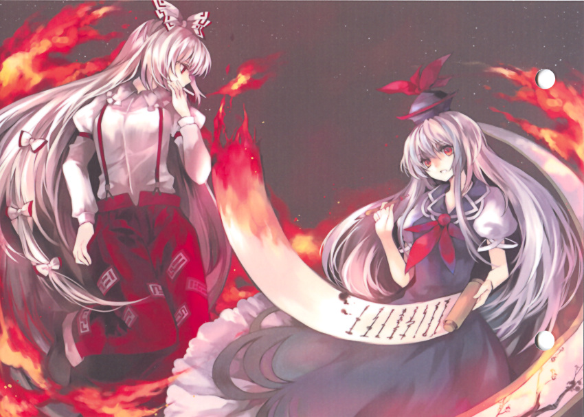 2girls cigarette female fire fujiwara_no_mokou highres hina kamishirasawa_keine long_hair multiple_girls scroll smoking touhou very_long_hair