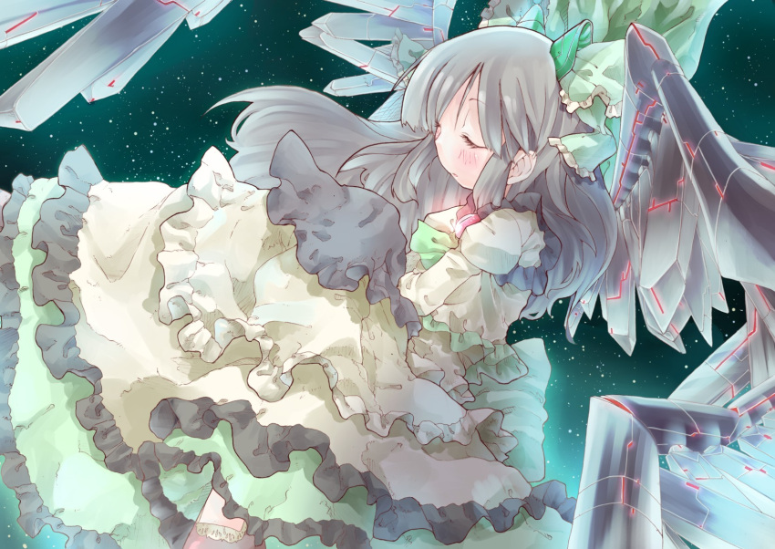 adapted_costume alternate_costume alternate_wings bad_id bad_pixiv_id black_hair blush bow closed_eyes dress female frills green_bow hairbow highres long_hair photoshop_(medium) reiuji_utsuho shunsuke solo touhou wings