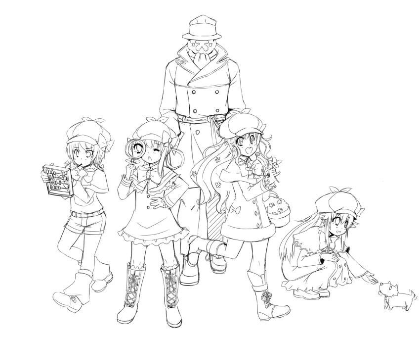 +_+ 1boy 4girls abacus bad_link boots canine coat cordelia_glauca cross-laced_footwear crossover deerstalker flower food greyscale hair_flower hair_ornament hair_rings hand_on_own_hip hands_in_pockets hat hercule_barton highres kekekeke knee_boots lace-up_boots line_art magnifying_glass mask monochrome mouth_hold multiple_girls odd_one_out one_eye_closed pocky rorschach sherlock_shellingford squatting tantei_opera_milky_holmes trench_coat watchmen yuzurizaki_nero