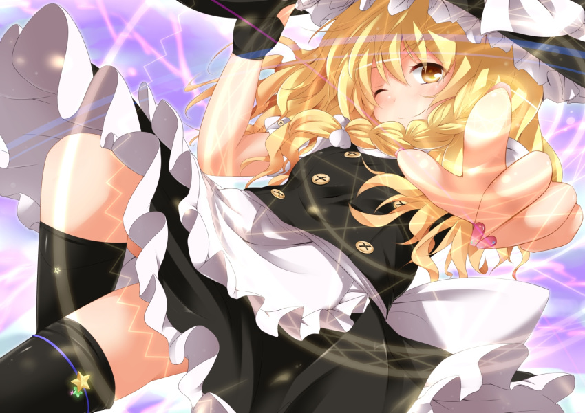 black_thighhighs blonde_hair braid chro commentary_request female fingerless_gloves gloves hat highres kirisame_marisa long_hair one_eye_closed skirt smile solo star_(symbol) thighhighs touhou yellow_eyes