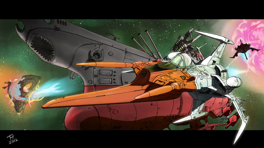 1970s_(style) alien battle commentary_request cosmo_zero dated explosion gamilas highres kujira_gunsou letterboxed md5_mismatch missile no_humans photoshop_(medium) resolution_mismatch retro_artstyle science_fiction source_larger space spacecraft uchuu_senkan_yamato uchuu_senkan_yamato_2199 yamato_(uchuu_senkan_yamato)