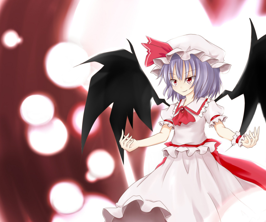 ascot commentary_request female frills hachimi hat hat_ribbon highres open_mouth puffy_sleeves purple_hair red_eyes remilia_scarlet ribbon short_hair short_sleeves smirk solo touhou wings