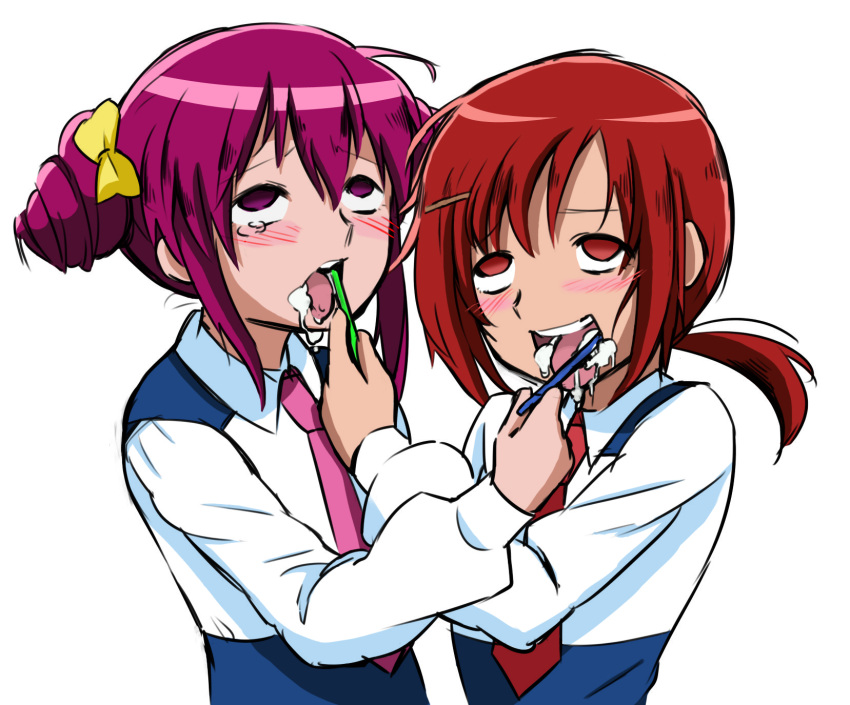 2girls ahe_gao bad_link blush brushing_teeth colorized drill_hair ge-b hair_ornament hair_ribbon hairclip highres hino_akane_(smile_precure!) hoshizora_miyuki multiple_girls necktie parody ponytail precure purple_eyes purple_hair red_eyes red_hair ribbon sexually_suggestive smile_precure tears toothbrush toothpaste twin_drills twintails white_background