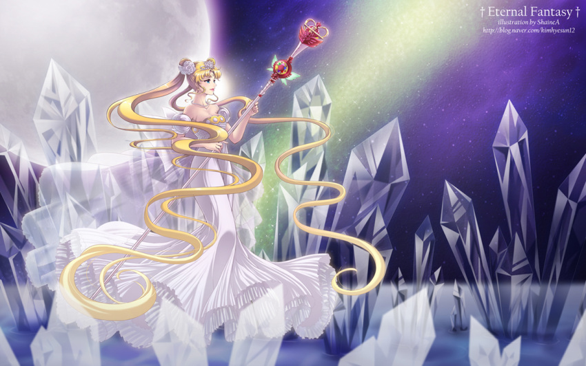 absurdly_long_hair back_bow bad_id bad_pixiv_id bare_shoulders bishoujo_senshi_sailor_moon blonde_hair blue_eyes bow crescent crescent_facial_mark crystal double_bun dress facial_mark female full_body full_moon gown hair_bun long_hair moon neo_queen_serenity photoshop_(medium) princess puffy_sleeves shainea solo staff strapless strapless_dress tsukino_usagi twintails very_long_hair white_dress