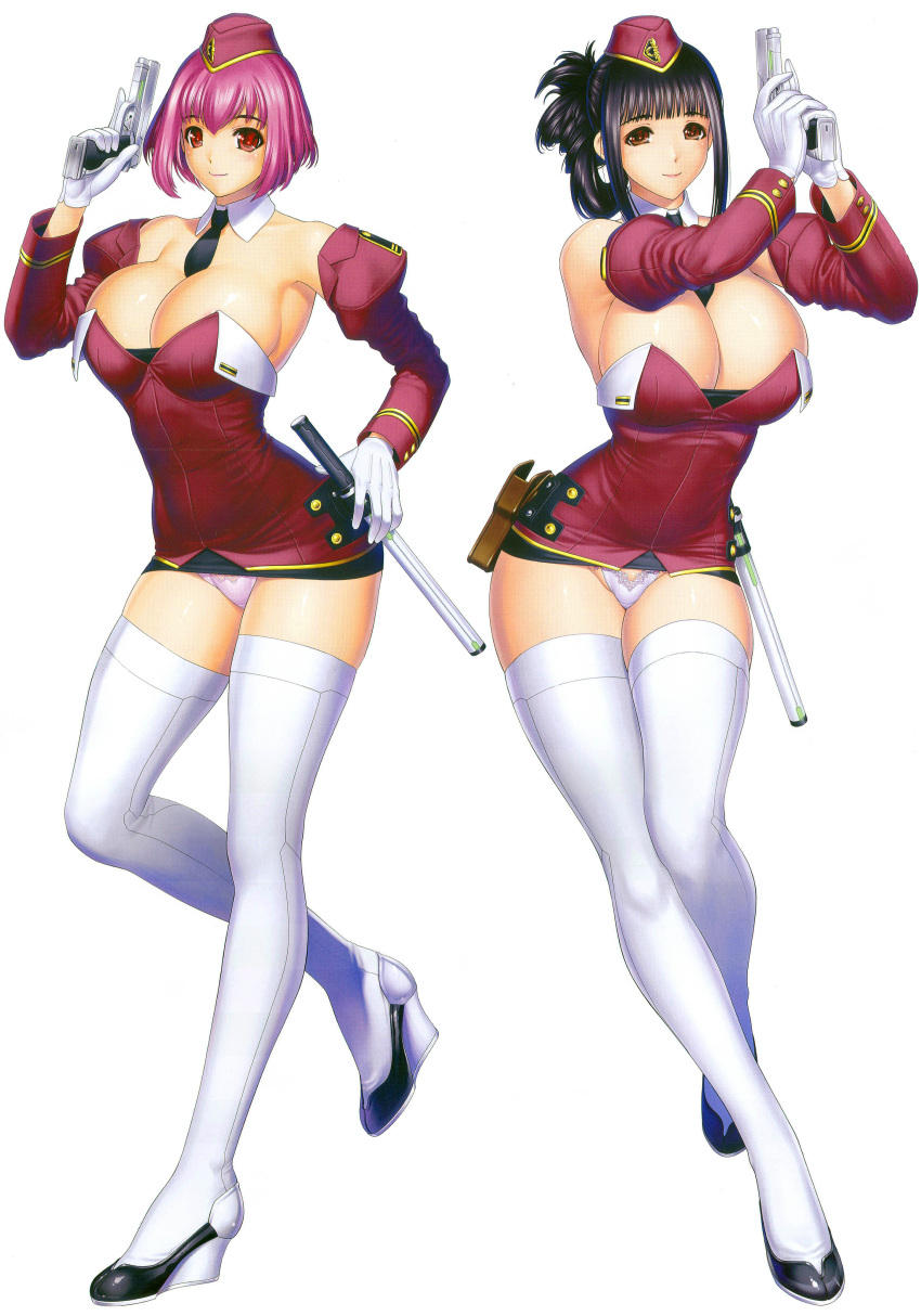 2girls absurdres baton_(weapon) black_hair breasts brown_eyes cleavage detached_sleeves gun hat highres iruma_kamiri lace lace-trimmed_panties lace_trim large_breasts legs long_legs multiple_girls original panties pantyshot photoshop_(medium) red_eyes red_hair shoes short_hair simple_background smile stun_baton thighhighs thighs underwear weapon white_legwear white_panties