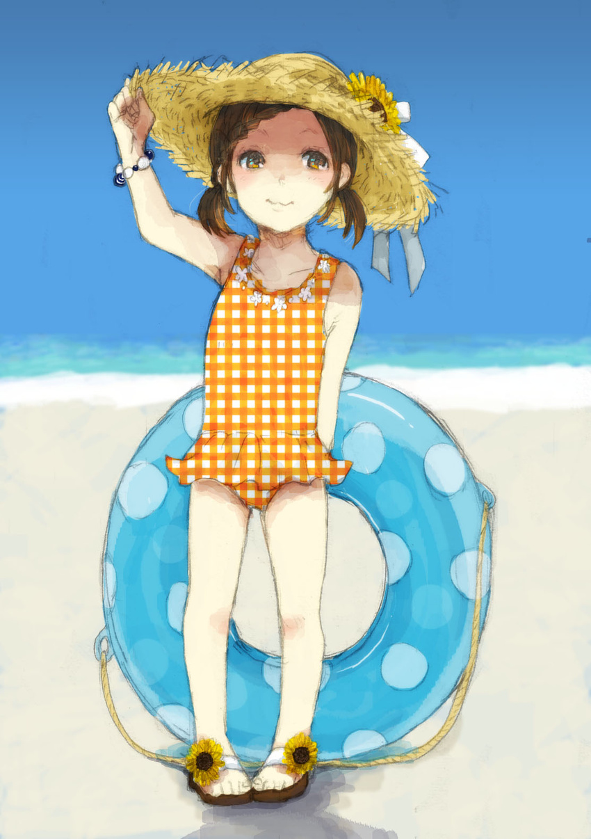 arm_up bad_id bad_pixiv_id beach bracelet braid braided_bangs brown_eyes brown_hair casual_one-piece_swimsuit day female flower footwear_flower full_body hand_on_headwear hat hat_flower highres innertube jewelry kaburagi_kaede lolicon one-piece_swimsuit orange_one-piece_swimsuit outdoors photoshop_(medium) pigeon-toed plaid plaid_swimsuit sandals short_twintails sky solo standing sun_hat sunflower swim_ring swimsuit tiger_&_bunny twintails unmoving_pattern yk5112335