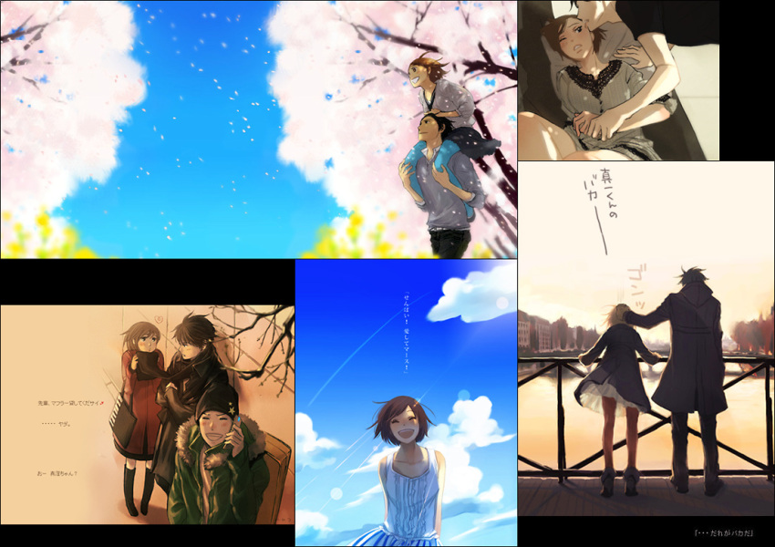 2boys bad_id bad_pixiv_id black_hair blush boots brown_hair carrying cellphone cherry_blossoms chiaki_shin'ichi closed_eyes coat couple dress female happy hat jacket licking mine_ryuutaro multiple_boys noda_megumi nodame_cantabile outdoors petals phone sasakuma scarf short_hair shoulder_carry smile straight translated tree