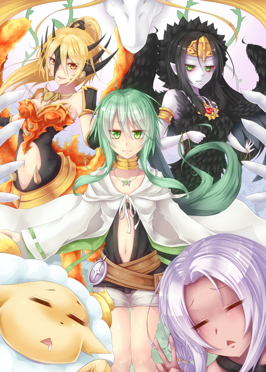 4girls =_= ahoge armlet bare_legs bare_shoulders belt black_hair black_wings blonde_hair breasts caam_serenity_of_gusto centauroid choker clothing_cutout coat collarbone colored_sclera commentary_request dark-skinned_female dark_skin dragon_girl dragon_horns dragon_wings drooling duel_monster elbow_gloves fabled_grimro feathers front-tie_top gishki_natalia gloves green_eyes green_hair headpiece high_ponytail highres horns jewelry long_hair low_ponytail madolche_baaple medallion medium_breasts mouth_drool multiple_girls navel navel_cutout necklace pointy_ears ponytail queen_dragun_djinn red_eyes red_sclera sheep shintani_tsushiya short_shorts shorts sidelocks small_breasts smile tail taur triangle_mouth v white_hair wings yu-gi-oh!