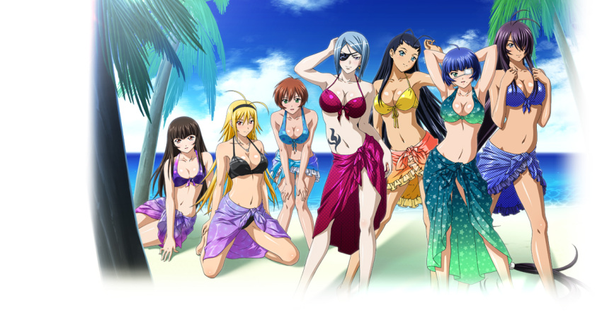 6+girls ahoge armpits arms_behind_head beach bikini black_bikini black_hair blonde_hair blue_bikini blue_eyes blue_hair breasts brown_eyes brown_hair chinkyuu_koudai chousen_(ikkitousen) cleavage collarbone contrapposto day eyepatch front-tie_bikini_top front-tie_top green_eyes hair_over_one_eye hairband hand_in_own_hair ikkitousen jewelry kakouen_myousai kan'u_unchou kneeling large_breasts long_hair looking_at_viewer magatama medium_breasts mole mole_under_mouth multiple_girls navel necklace outdoors palm_tree purple_bikini red_bikini red_eyes ryomou_shimei sarong shiny_skin smile standing swimsuit ten'i_(ikkitousen) tree yellow_bikini