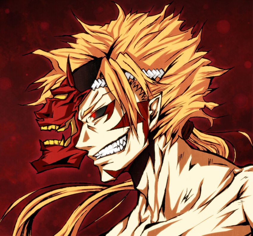 artist_request blonde_hair clenched_teeth grin headband kajiri_kamui_kagura long_hair male_focus mask oni portrait profile red_background simple_background smile teeth tenma_sukuna upper_body wrinkles