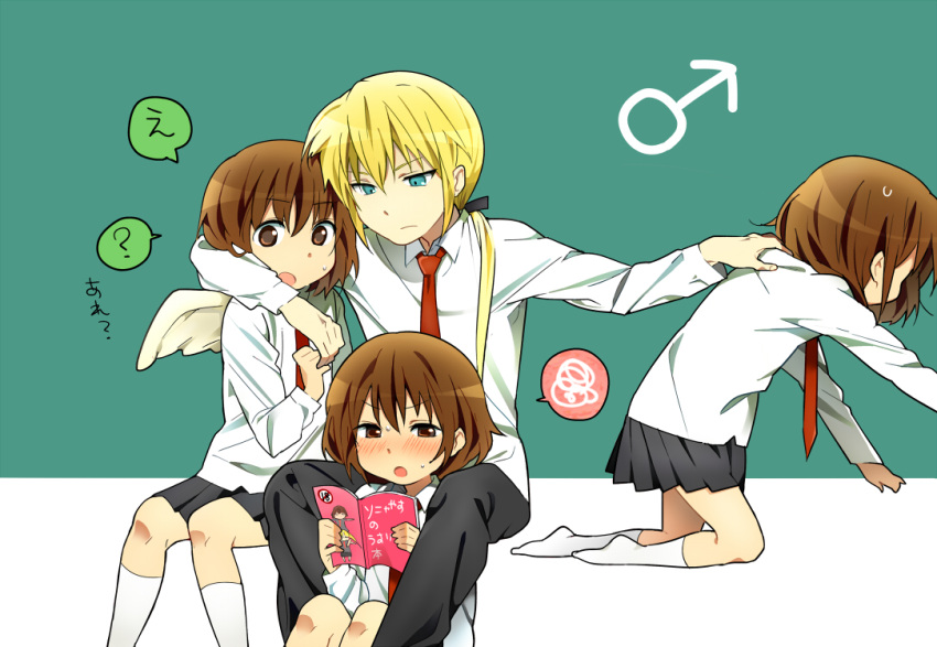 1boy 3girls bad_id bad_pixiv_id blonde_hair blush brown_eyes brown_hair genderswap_(ftm) kill_me_baby long_hair multiple_girls multiple_persona oribe_yasuna rule_63 school_uniform short_hair sonya_(kill_me_baby) tariho_(robotanime) translated wings