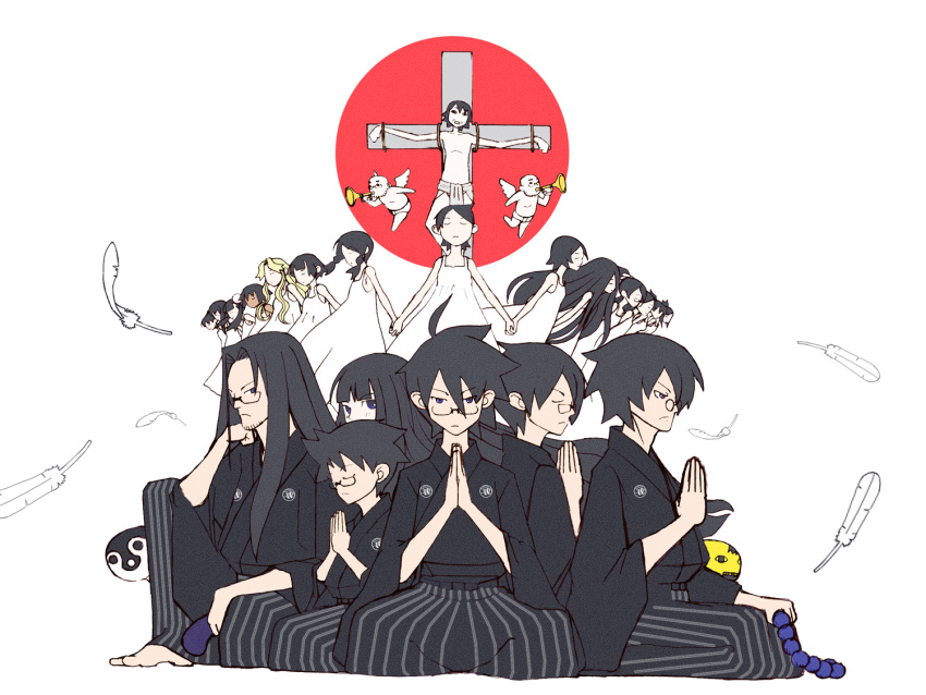 6+boys 6+girls akiteru commentary_request cross crucifixion dress everyone feathers fujiyoshi_harumi fuura_kafuka hitou_nami itoshiki_enishi itoshiki_kei itoshiki_majiru itoshiki_mikoto itoshiki_nozomu itoshiki_rin japanese_clothes kaga_ai kimono kimura_kaere kitsu_chiri kobushi_abiru komori_kiri kumeta_kouji_(character) maedax mitama_mayo multiple_boys multiple_girls ookusa_manami oora_kanako otonashi_meru photoshop_(medium) sayonara_zetsubou_sensei sekiutsu_maria_tarou spoilers tsunetsuki_matoi white_dress