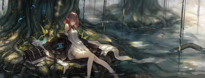 barefoot black_jacket brown_hair closed_eyes commentary_request container dress elf female jacket leaf long_hair monono original photoshop_(medium) plant plant_roots pointy_ears sitting soaking_feet solo tree water white_dress