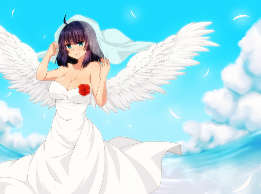 ahoge aqua_eyes bad_id bad_pixiv_id bare_shoulders breasts cleavage cloud day dress female flower jinguu_shion large_breasts natsu_hotaru ocean original purple_hair rose short_hair sky smile solo wedding_dress wings