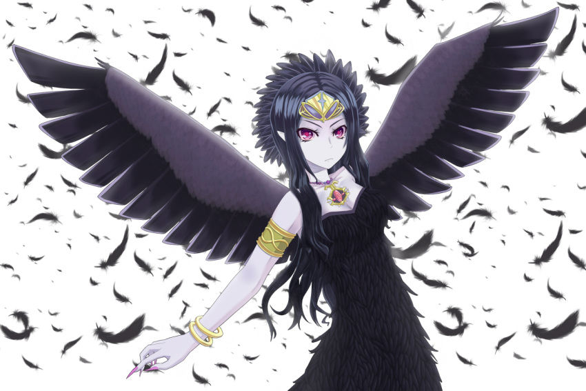 armband black_dress black_hair black_wings bracelet breasts bust cleavage collarbone dress duel_monster emblem fabled_grimro feathers female female fingernails frown holding infinity jewelry long_fingernails long_hair long_nails looking_at_viewer nail_polish necklace outstretched_arm pale_skin pink_nails pointy_ears pose purple_eyes simple_background solo standing strapless strapless_dress tiara upper_body white_background wings yu-gi-oh! yuu-gi-ou_duel_monsters