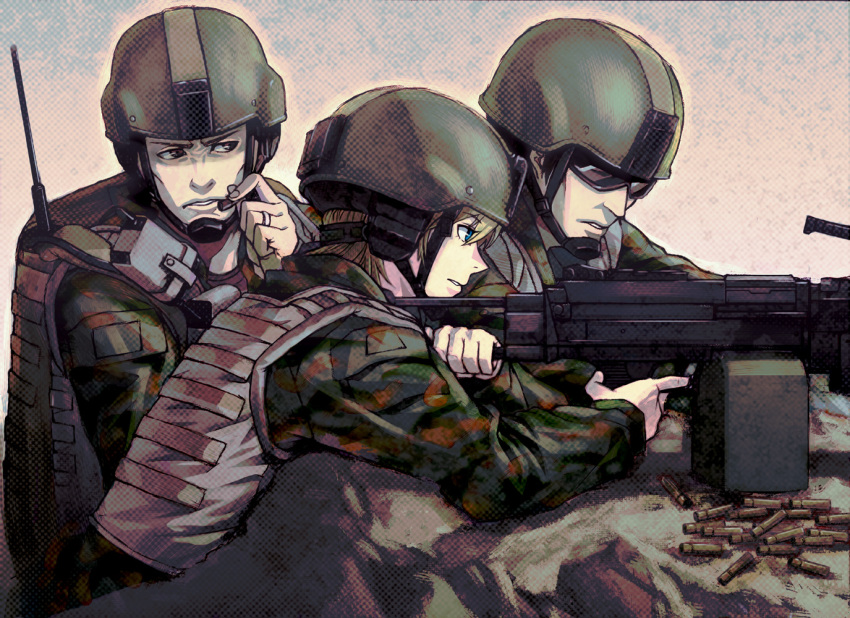 2boys 40hara armor blonde_hair blue_eyes brown_hair bullet bulletproof_vest commentary_request female gun headset helmet machine_gun military military_uniform multiple_boys original sunglasses uniform weapon