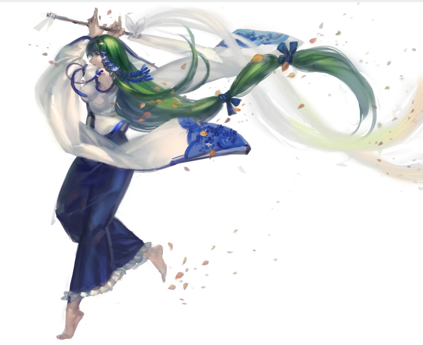 arms_up barefoot detached_sleeves frog_hair_ornament full_body gohei green_eyes green_hair hair_ornament highres kishiyo kochiya_sanae leaf long_hair simple_background solo tiptoes touhou very_long_hair white_background wind