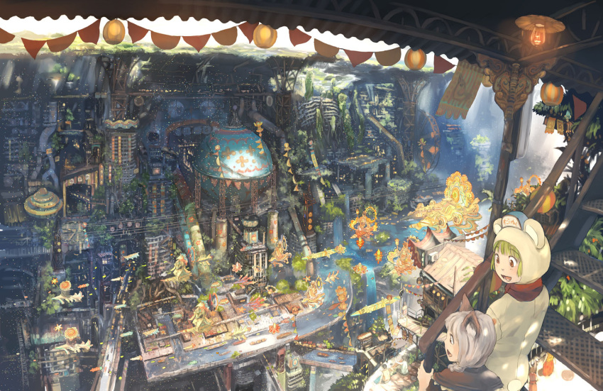 2girls animal_costume animal_ears bear_costume bear_ears boat building city cityscape hazel_eyes highres imperial_boy multiple_girls outdoors overgrown scenery sunlight teikoku_shounen wallpaper water waterfall yellow_eyes