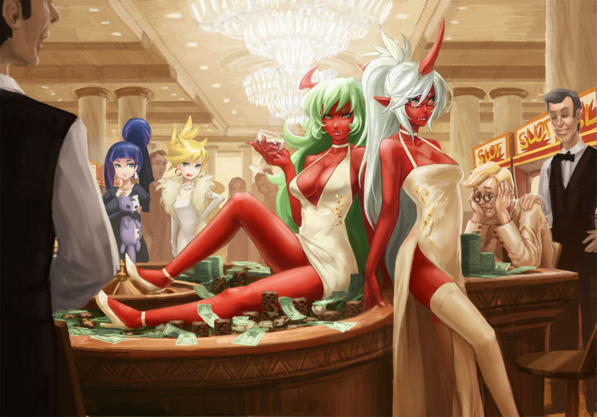 4girls blonde_hair blue_eyes breasts casino cleavage collaboration colored_skin commentary demon_girl demon_horns doyora dress elbow_gloves eu03 glasses gloves green_eyes green_hair highres honekoneko_(psg) horns huge_breasts kneesocks_(psg) long_hair lying money multicolored_hair multiple_girls panty_&_stocking_with_garterbelt panty_(psg) photoshop_(medium) red_skin roulette roulette_table scanty_(psg) siblings sisters sitting stocking_(psg) table thighhighs two-tone_hair white_hair white_thighhighs yellow_eyes