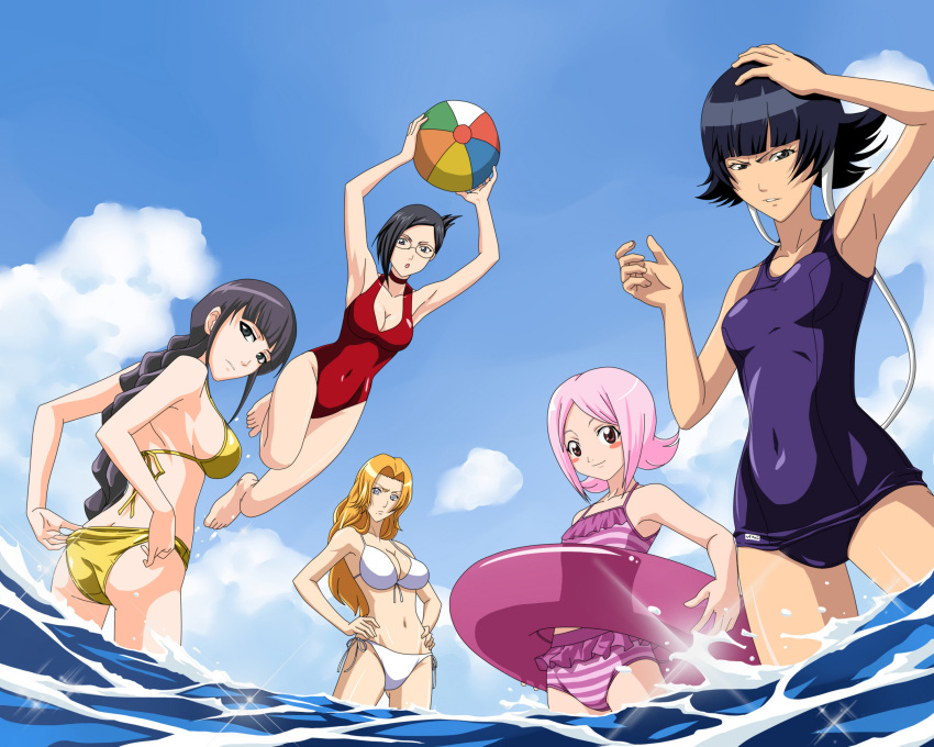 5girls absurdres adjusting_clothes adjusting_swimsuit ass ball beachball bikini black_hair bleach blonde_hair blue_eyes blush_stickers braid breasts cleavage commentary_request covered_navel day derivative_work frown glasses grey_eyes guu@madao_nuno hand_on_head hands_on_own_hips highres innertube ise_nanao jumping kurotsuchi_nemu kusajishi_yachiru long_hair matsumoto_rangiku medium_breasts mole mole_under_mouth multiple_girls navel ocean one-piece_swimsuit outdoors pink_bikini pink_eyes pink_hair school_swimsuit short_hair side-tie_bikini_bottom single_braid smile striped_bikini striped_clothes sui-feng swim_ring swimsuit