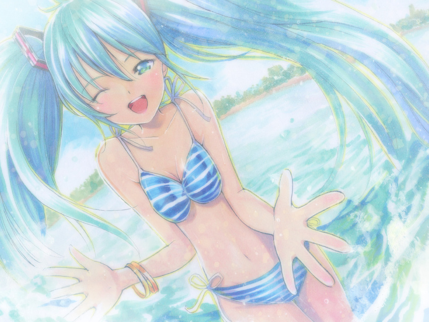 bikini commentary_request dutch_angle female green_eyes green_hair hatsune_miku long_hair mayo_riyo one_eye_closed pale_color splashing striped_bikini striped_clothes swimsuit twintails vocaloid