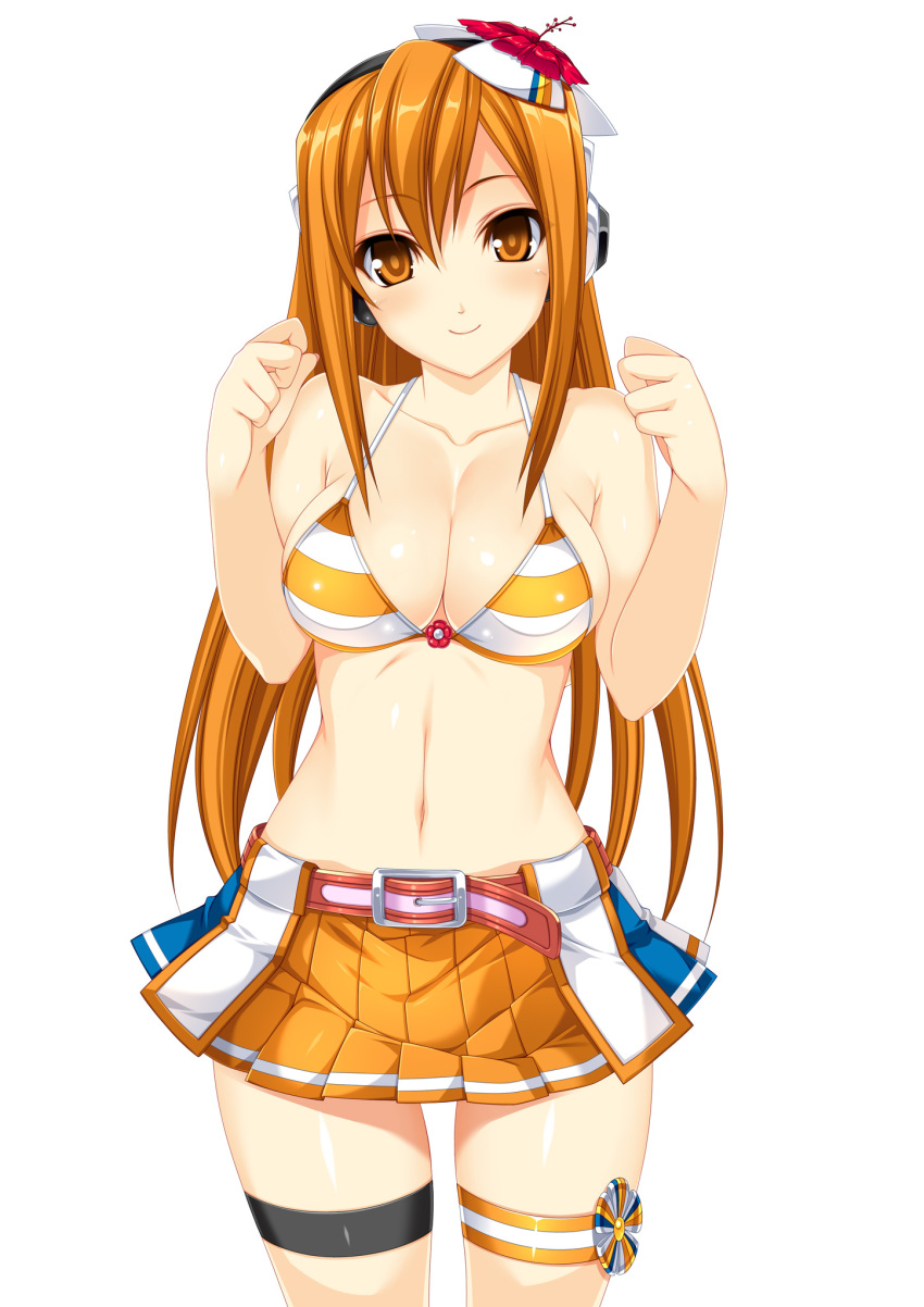 beatmania_iidx belt bikini bikini_top_only breasts cleavage female headphones highres kinoshita_ichi looking_at_viewer medium_breasts midriff orange_eyes orange_hair shiny_skin simple_background skirt smile solo striped_bikini striped_clothes swimsuit thigh_strap umegiri_iroha white_background