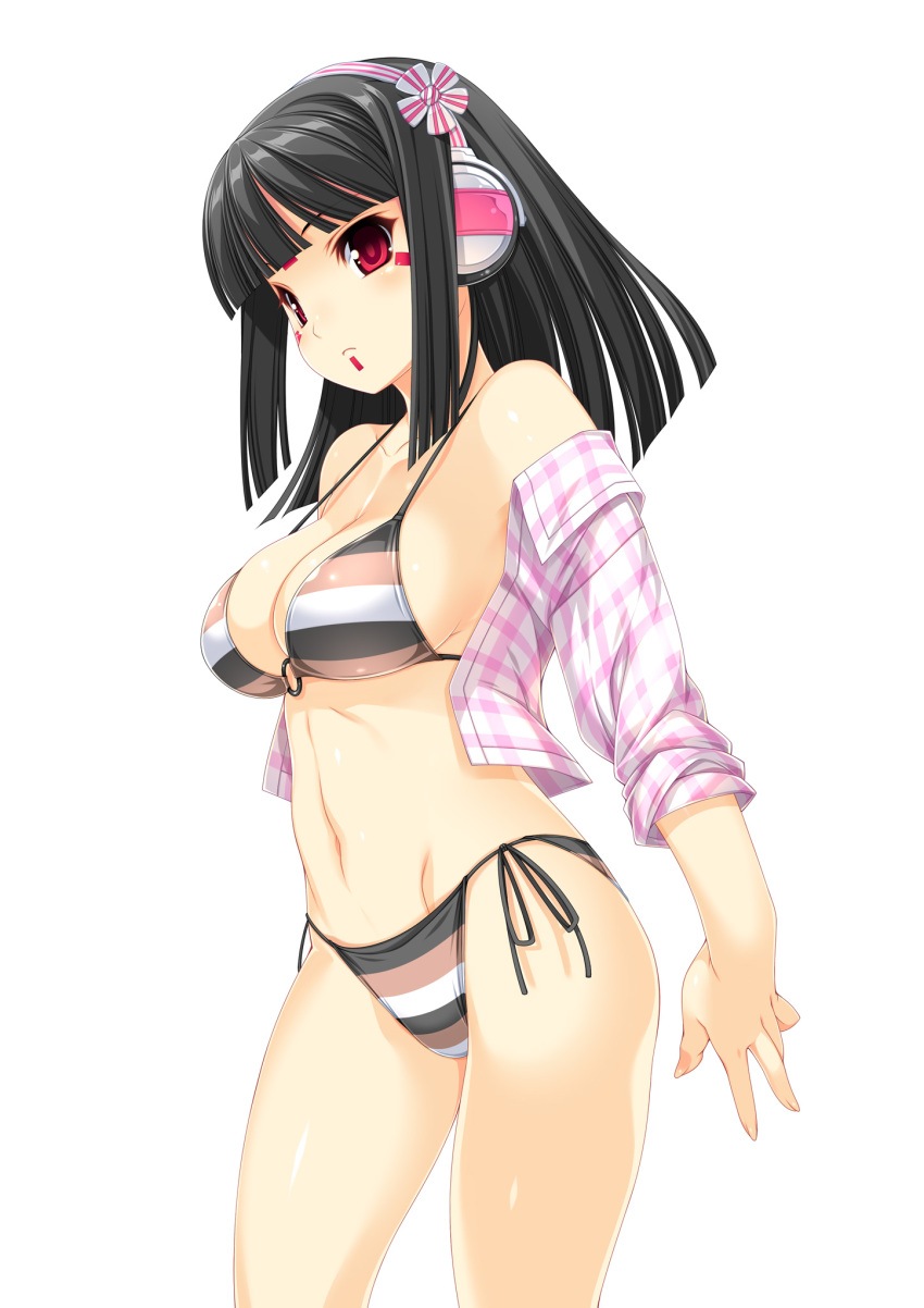 bare_shoulders beatmania_iidx bikini black_hair breasts cleavage facial_mark female groin headphones highres hinazuki_ririna kinoshita_ichi medium_breasts midriff o-ring o-ring_top open_clothes open_shirt red_eyes shiny_skin shirt side-tie_bikini_bottom simple_background solo strap_gap striped_bikini striped_clothes swimsuit white_background