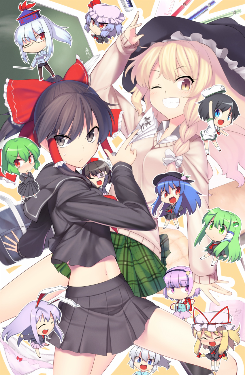 6+girls :d ;d alternate_costume animal_ears backpack bad_id bad_pixiv_id bag bespectacled black_hair black_serafuku blonde_hair blue_eyes blue_hair bow braid brown_eyes chibi closed_eyes commentary_request contemporary eraser flat_chest frog_hair_ornament glasses green_hair grey_hair grin hair_ornament hair_tubes hairbow hakurei_reimu hat highres hinanawi_tenshi kaiza_(rider000) kamishirasawa_keine kazami_yuuka kirisame_marisa kochiya_sanae komeiji_satori long_hair midriff midriff_peek mononobe_no_futo multiple_girls murasa_minamitsu navel one_eye_closed open_mouth panties pencil pink_hair pink_panties plaid plaid_skirt pleated_skirt purple_hair rabbit_ears red_eyes reisen_udongein_inaba remilia_scarlet ruler sailor_hat school_uniform serafuku shameimaru_aya short_hair single_braid skirt smile third_eye touhou underwear v-shaped_eyebrows very_long_hair witch_hat yakumo_yukari