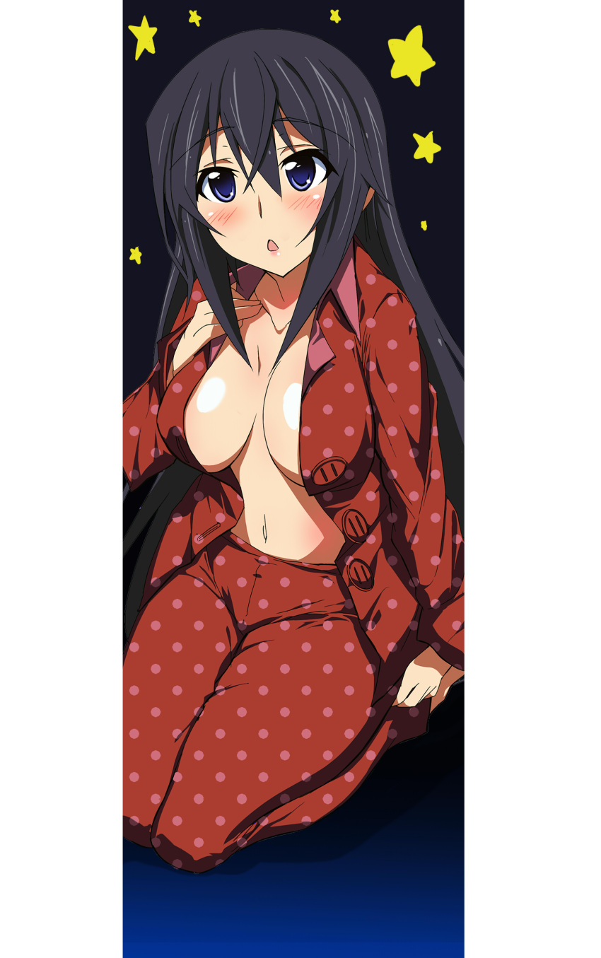 absurdres black_hair blue_eyes blush breasts commentary_request female hair_down highres infinite_stratos large_breasts long_hair open_clothes pajamas shinonono_houki solo star_(symbol) tsubaki_(tsubakiyasan)