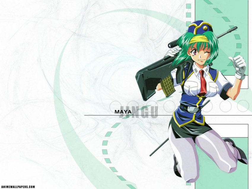 90s bow burn-up burn-up_w burn_up burn_up_excess! burn_up_scramble burn_up_w gloves green_hair gun hairbow jingu_maya jinguu_maya miniskirt pantyhose police police_uniform policewoman ponytail rio_kinezono short_hair skirt sniper thighhighs uniform wall wallpaper weapon