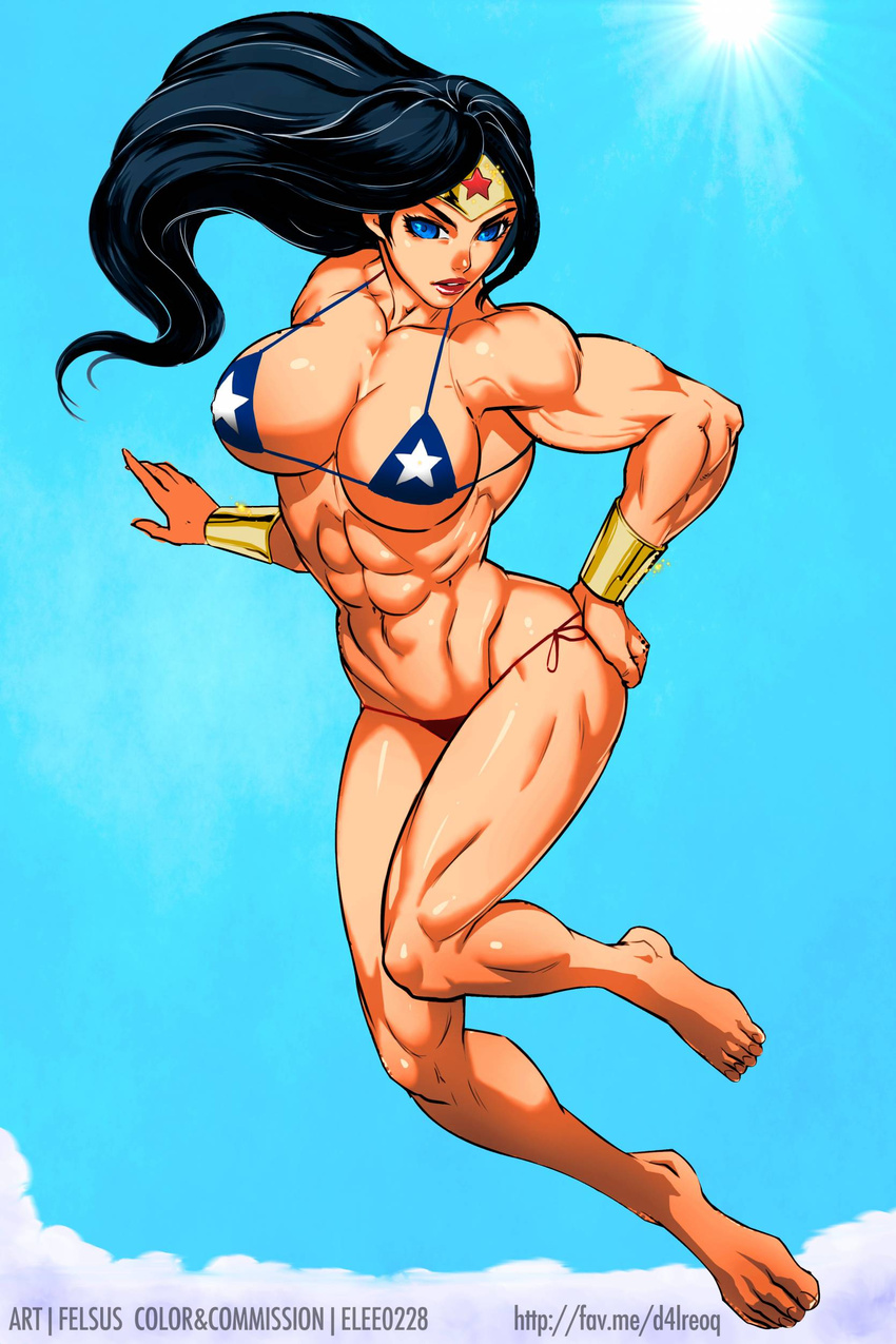 abs absurdres barefoot bikini black_hair blue_eyes breasts dc_comics felsus female flying headband highres huge_breasts large_breasts long_hair muscle sky solo string_bikini sun swimsuit watermark web_address wonder_woman wonder_woman_(series)