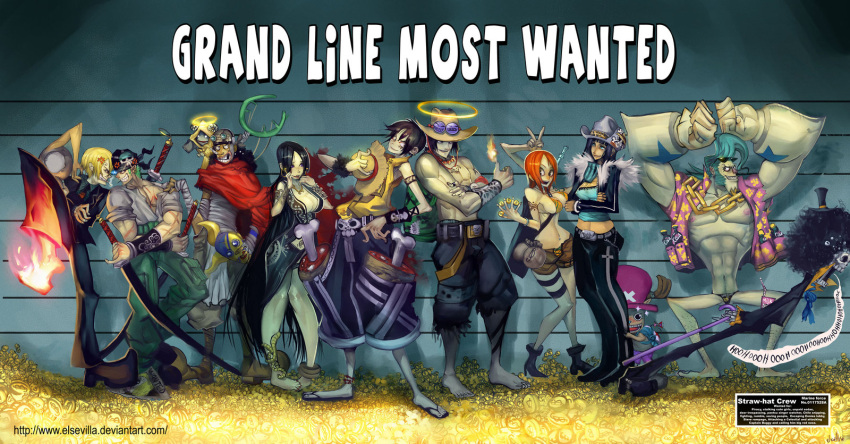 3girls 6+boys bandana belt black_hair blonde_hair blue_hair boa_hancock brook brother coin coins cyborg epic female franky full_body ghost goggles going_merry green_hair halo hat hector_enrique_sevilla_lujan highres jolly_roger lineup male money monkey_d_luffy multiple_boys multiple_girls muscle nami nami_(one_piece) nico_robin one_piece orange_hair pants pirate portgas_d_ace reindeer roronoa_zoro sad_face sanji siblings skeleton slingshot smiley_face snake standing straw_hat sword tattoo text tony_tony_chopper usopp weapon