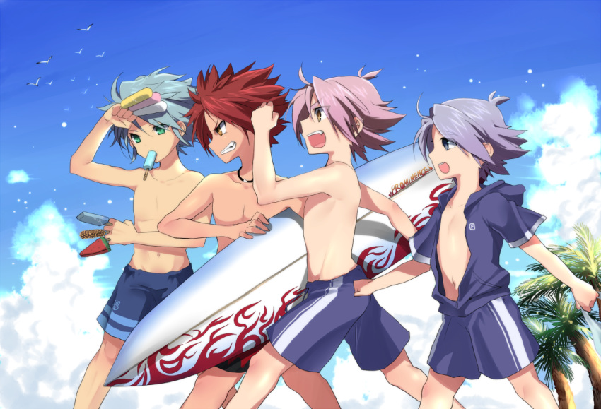 4boys bad_id bad_pixiv_id beach bird cloud day food fubuki_atsuya fubuki_shirou holding holding_surfboard inazuma_eleven inazuma_eleven_(series) male_focus male_swimwear mataro_(matarou) multiple_boys nagumo_haruya open_clothes open_mouth outdoors palm_tree popsicle shorts sky surfboard suzuno_fuusuke swim_trunks topless_male tree watermelon_bar