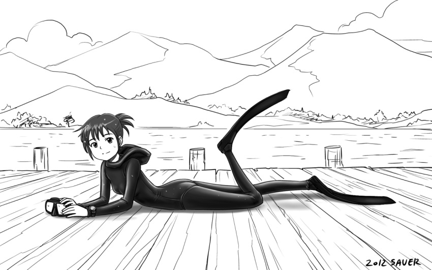 bad_id bad_pixiv_id bodysuit copyright_request diving_hood diving_mask diving_suit female flippers goggles greyscale hill leg_up lying monochrome on_stomach outdoors pier ponytail saver_(artbysaver) short_ponytail solo water wetsuit