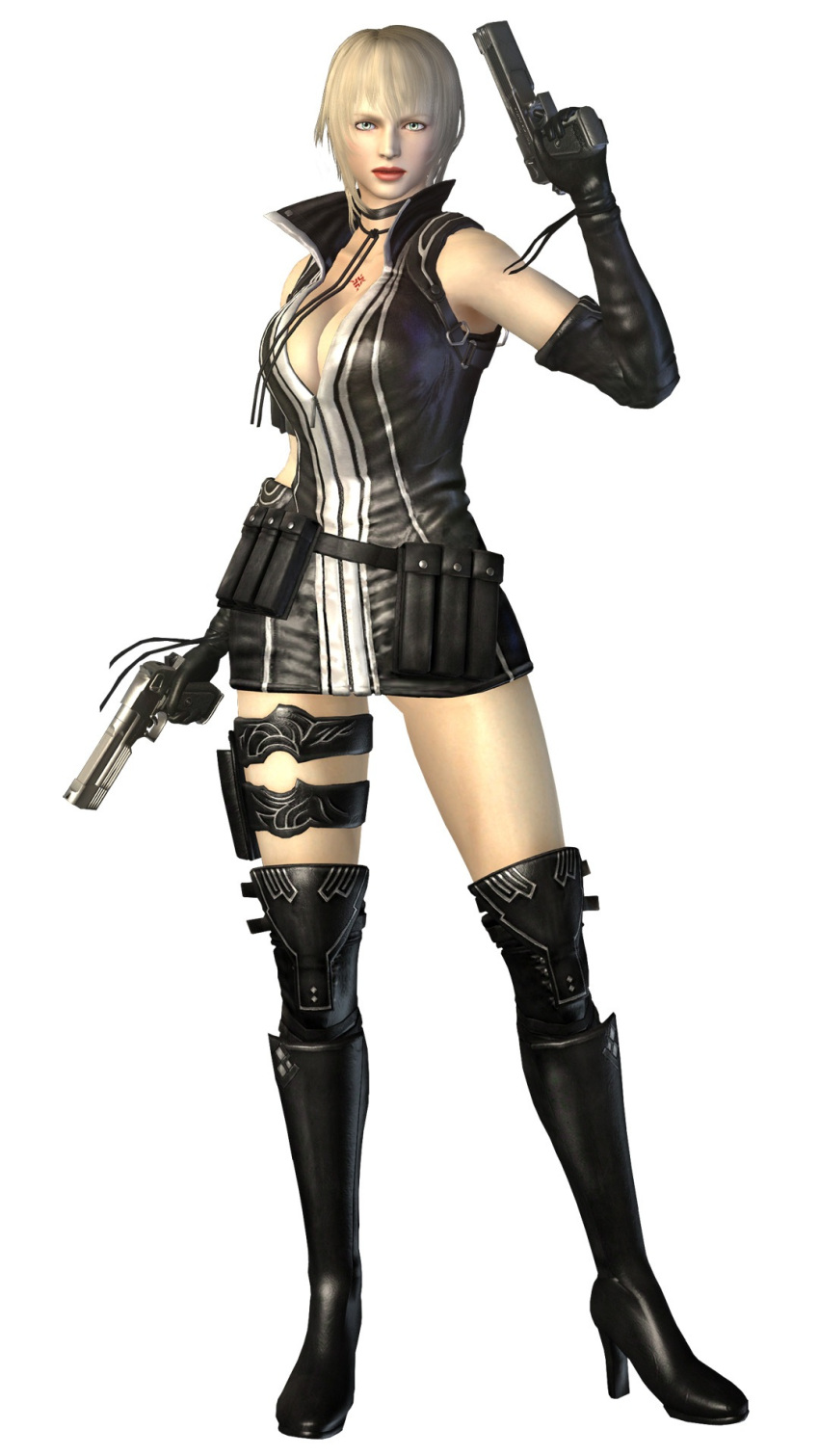 3d blonde_hair breasts cleavage dual_wielding female female full_body gun highres irene_lew large_breasts lipstick makeup ninja_gaiden ninja_gaiden_2_(xbox) official_art simple_background solo sonia weapon white_background