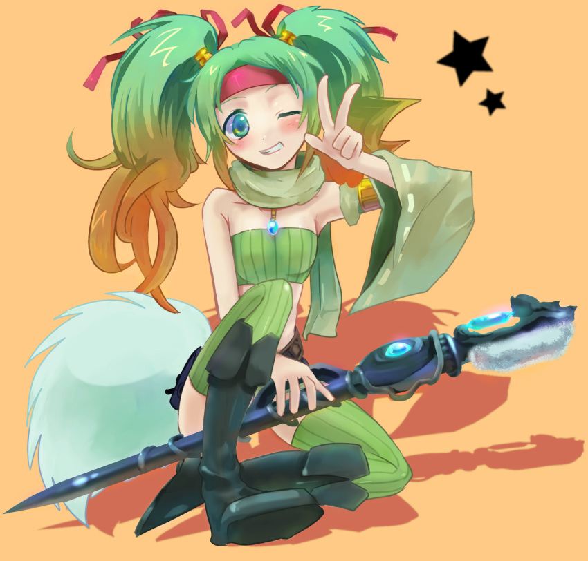 armlet armpits bare_shoulders belt_pouch blush breasts collarbone commentary_request detached_sleeves duel_monster female full_body fur gradient_hair green_eyes green_hair green_skirt green_thighhighs grin hair_ribbon highres holding holding_staff hosimihohosi long_hair looking_at_viewer medallion midriff miniskirt multicolored_hair one_eye_closed orange_hair parted_hair pouch red_headwear reeze_whirlwind_of_gusto ribbon scarf shadow single_detached_sleeve skirt small_breasts smile solo staff star_(symbol) strapless thighhighs tube_top twintails v wide_sleeves yu-gi-oh! zettai_ryouiki