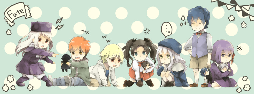 3boys 4girls aged_down bad_id bad_pixiv_id blonde_hair blue_eyes bow bowtie brown_hair caren_hortensia carnival_phantasm character_doll child_gilgamesh_(fate) dress emiya_kiritsugu emiya_shirou fate/hollow_ataraxia fate/stay_night fate/zero fate_(series) gilgamesh_(fate) hat highres illyasviel_von_einzbern kotomine_kirei lolicon long_hair matou_byakuya matou_kariya matou_sakura matou_shinji mayo_(mayopupu) multiple_boys multiple_girls purple_eyes purple_hair purple_hat red_eyes short_hair tohsaka_rin tohsaka_tokiomi wavy_hair white_hair yellow_eyes