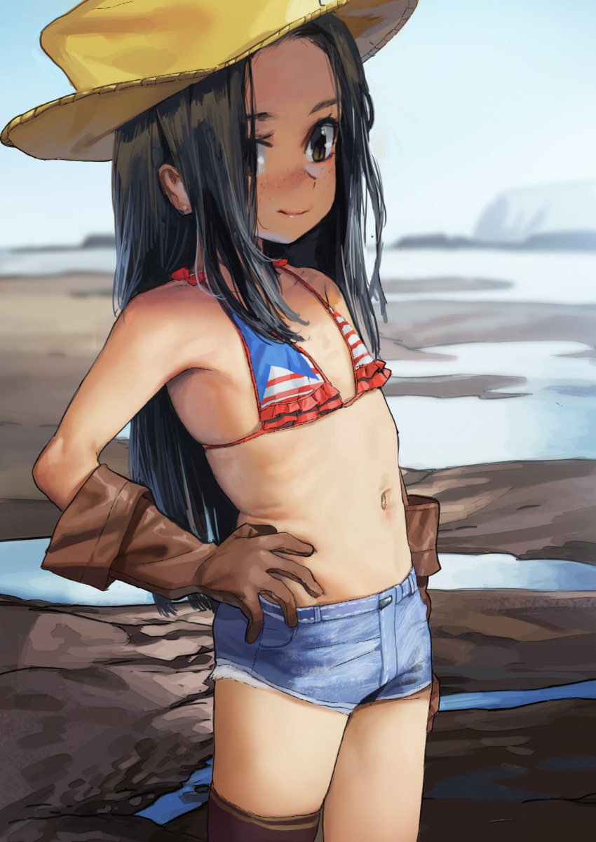 bikini_top black_hair black_legwear blue_bikini_top brown_eyes brown_gloves brown_headwear commentary_request cutoffs denim denim_shorts female flat_chest forehead freckles gloves hair_over_one_eye hand_on_hip hat highres long_hair mammoth9878 navel original outdoors red_bikini_top short_shorts shorts single_thighhigh smile solo striped_bikini_top thighhighs