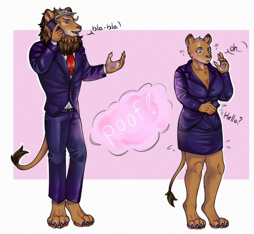 anthro cellphone dialogue electronics english_text felid female gender_transformation instant_transformation kiri-anko lion male mammal mtf_transformation pantherine phone poof poof_effect poof_transformation sequence solo text transformation transformation_sequence