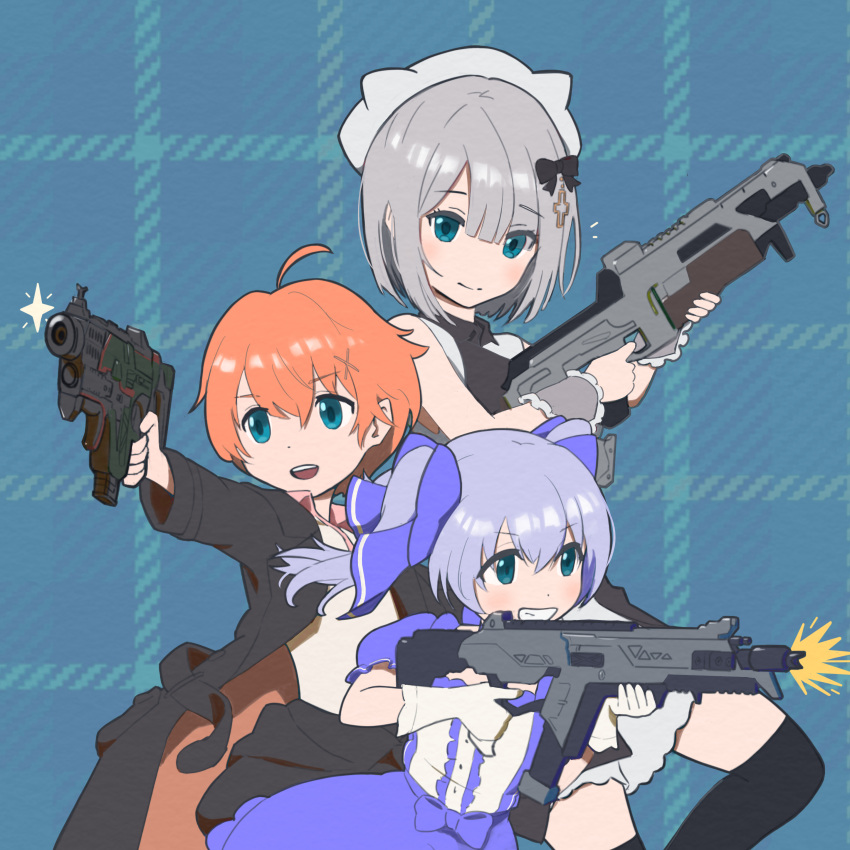 1boy 2girls absurdres apex_legends assault_rifle black_jacket blue_dress blue_eyes dangoyan dress firing grey_hair gun hair_behind_ear highres holding holding_gun holding_weapon jacket kaga_sumire lupinus_virtual_games multiple_girls neo-porte nijisanji orange_hair r-301_carbine rifle shibuya_hal short_hair smile submachine_gun thighhighs twintails virtual_youtuber vk-47_flatline volt_smg vspo! weapon yuuki_chihiro